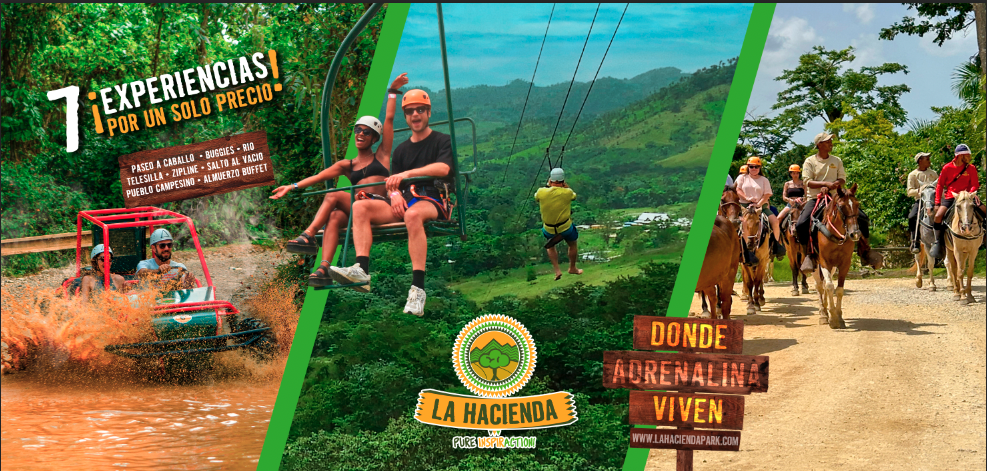 Collage de aventuras en La Hacienda Park: buggy, telesilla, zipline, caballos y pueblo rural.