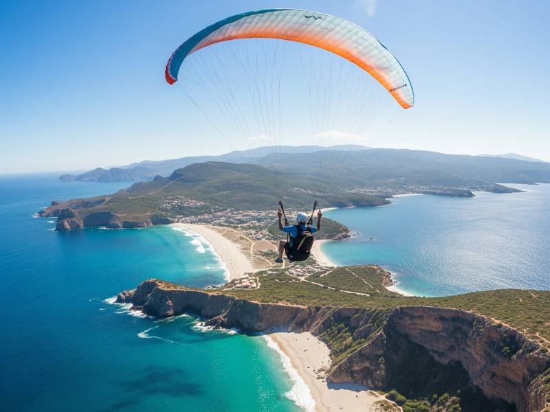 Parapentista volando sobre una costa caribeña con playas y acantilados.